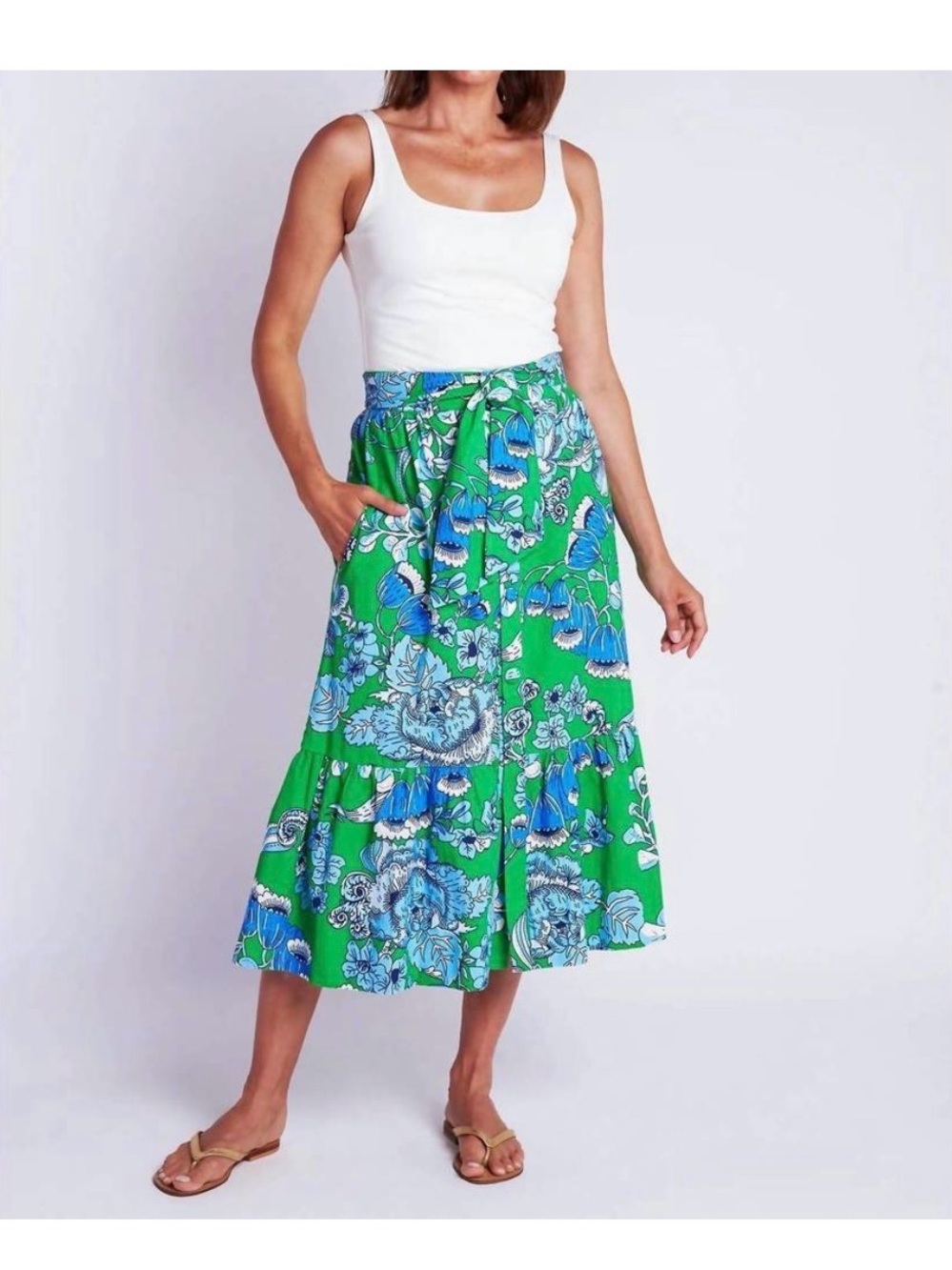 CK BRADLEY Phoebe midi skirt in Cordelia kelly green & blue tie waist NWOT L/XL*